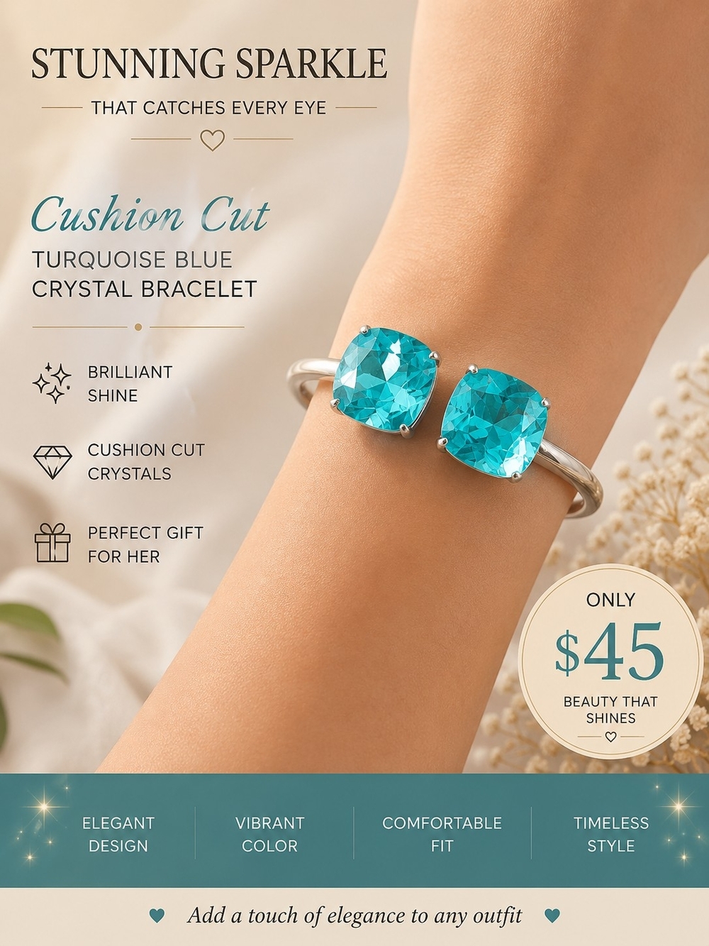 Turquoise Blue Cushion-Cut Crystal Bracelet - Women Jewelry